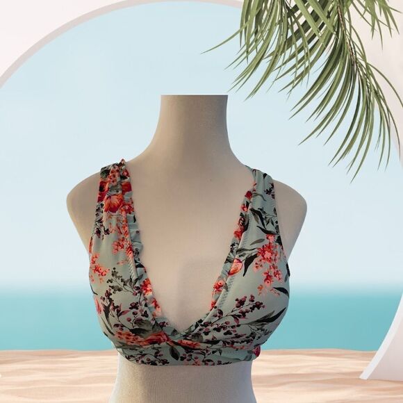 MOSSIMO BIKINI TOP IN GREEN WITH PINK FLOWERS, Small - Picture 1 of 5